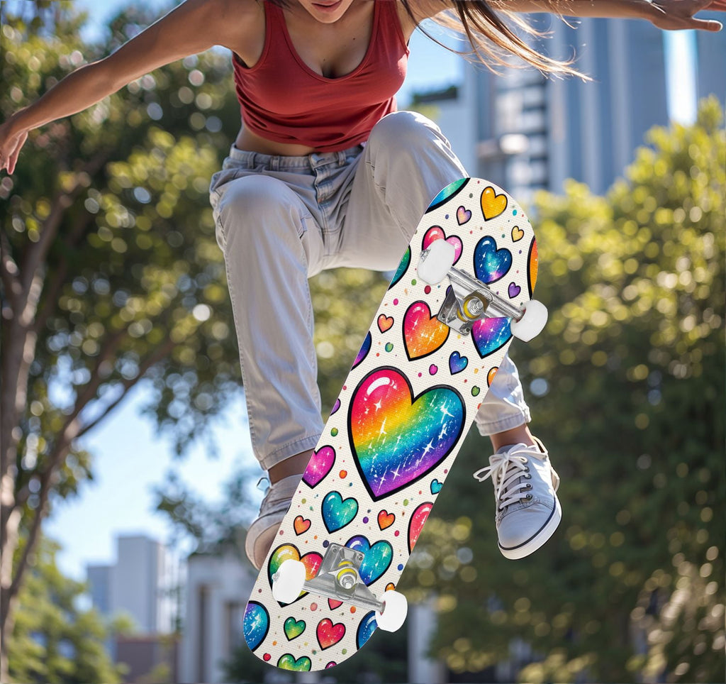 Complete Skateboard Colorful Hearts Graffiti 31 Inch 7-Ply Maple Skateboard with PU Wheels and Aluminum Trucks, Ready-to-Ride Skateboard for Beginners, Teens and Adults