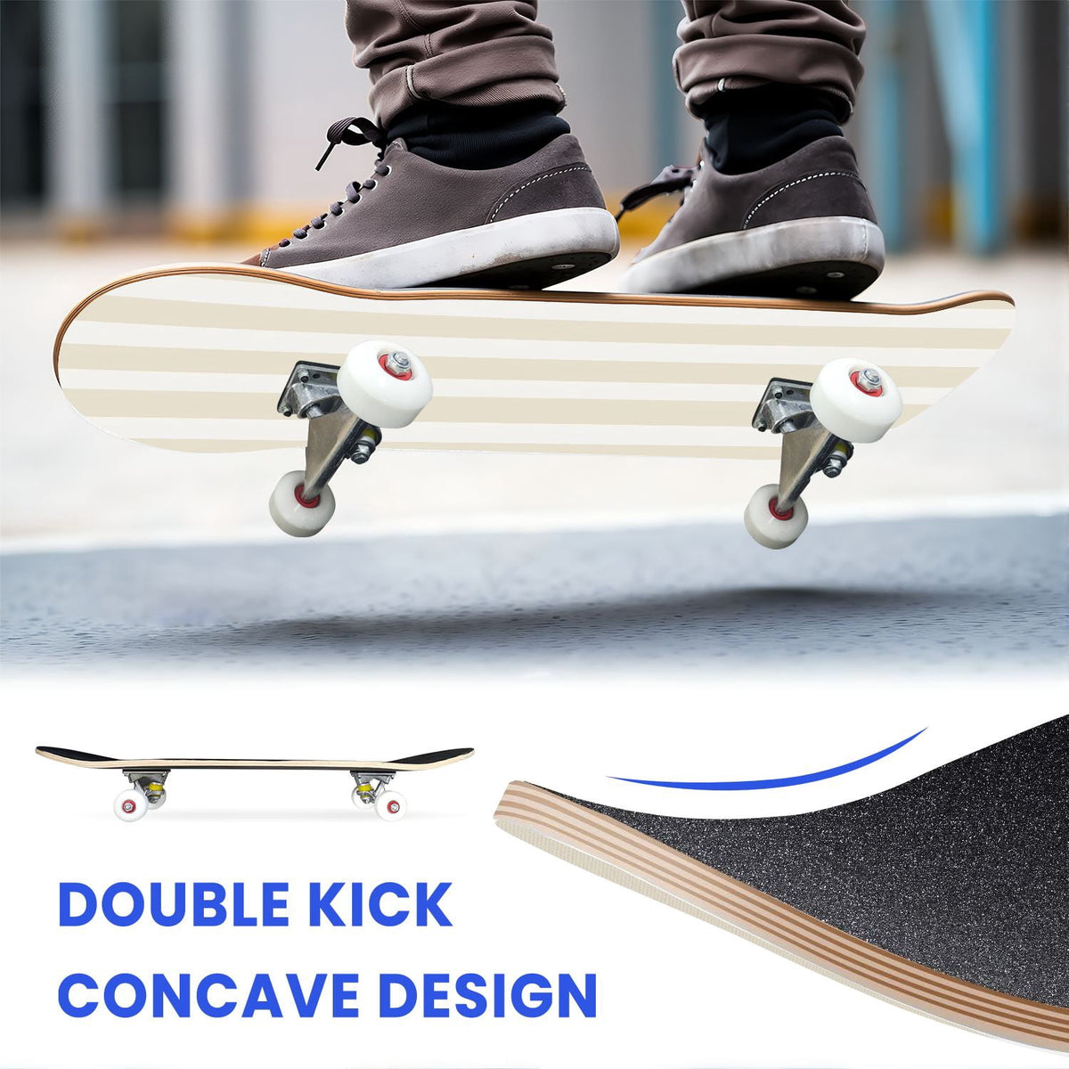 31"x8" Complete Skateboards for Beginners,Pastel Pink Vertical Stripe Minimalist Soft Design Double Kick 7 Ply Canadian Maple Deck Skateboard with Wheels, Gifts for Kids Teens