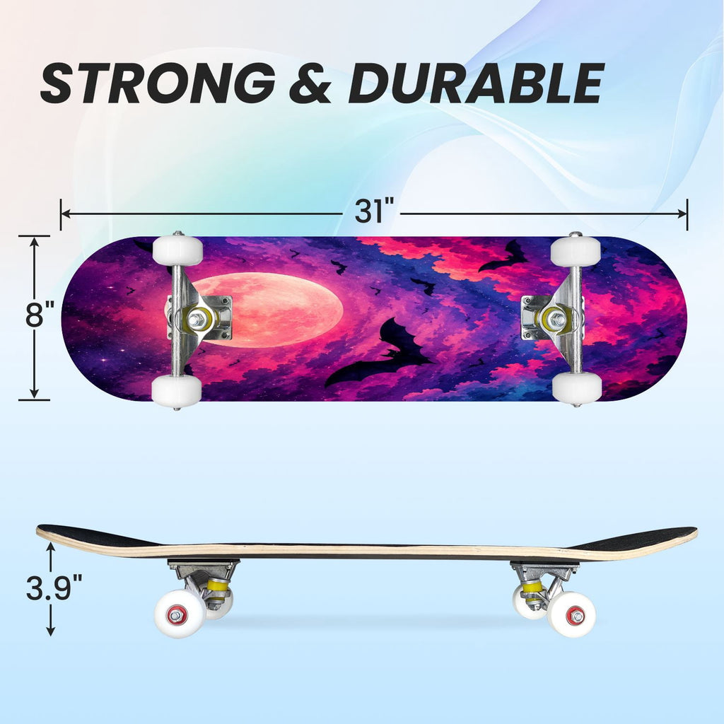 31"x8" Complete Skateboards for Beginners, Purple Celestial Moon Sun Art Floral Stars Double Kick 7 Ply Canadian Maple Deck Skateboard with Wheels, Gifts for Kids Teens
