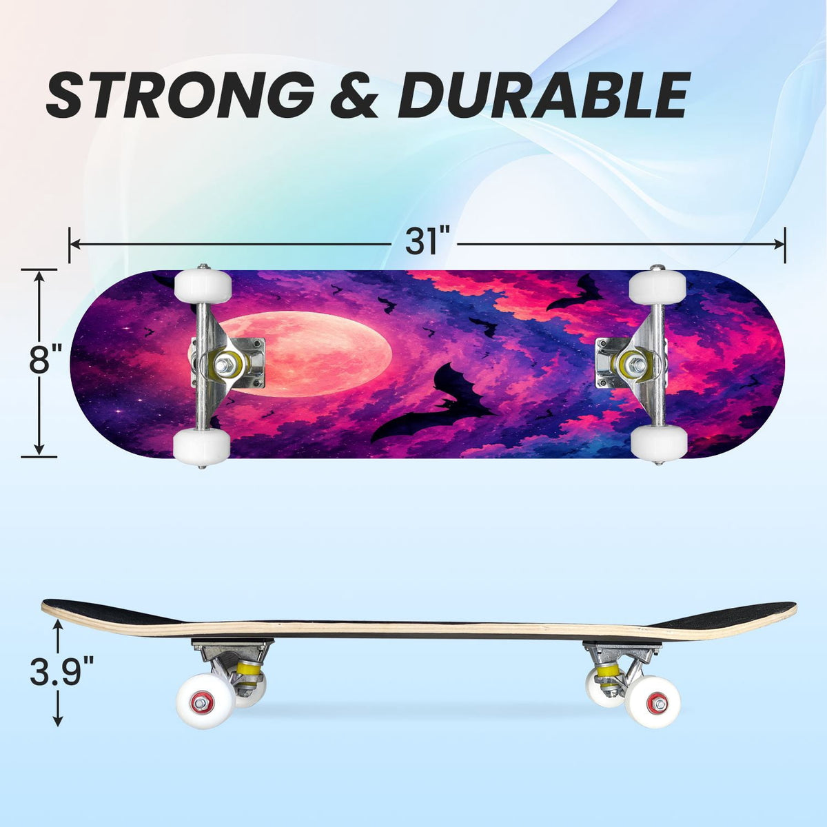 31"x8" Complete Skateboards for Beginners, Purple Celestial Moon Sun Art Floral Stars Double Kick 7 Ply Canadian Maple Deck Skateboard with Wheels, Gifts for Kids Teens
