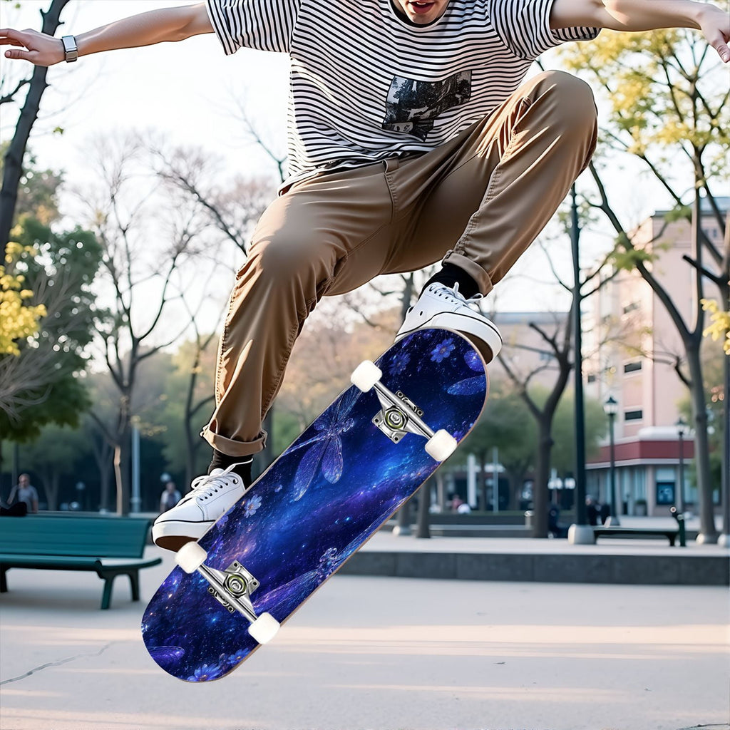 31"x8" Complete Skateboards for Beginners, Blue Moth Moonlight Flowers Mushrooms Forest Double Kick 7 Ply Canadian Maple Deck Skateboard with Wheels, Gifts for Kids Teens