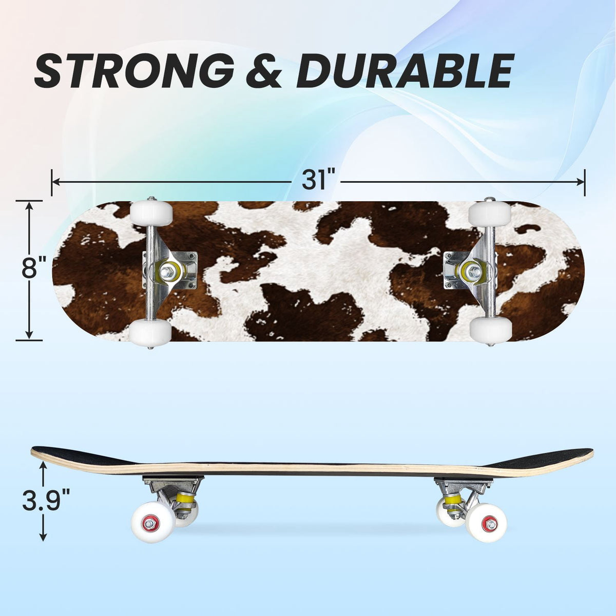 31"x8" Complete Skateboards for Beginners,Leopard Print Black Brown Beige Double Kick 7 Ply Canadian Maple Deck Skateboard with Wheels, Gifts for Kids Teens