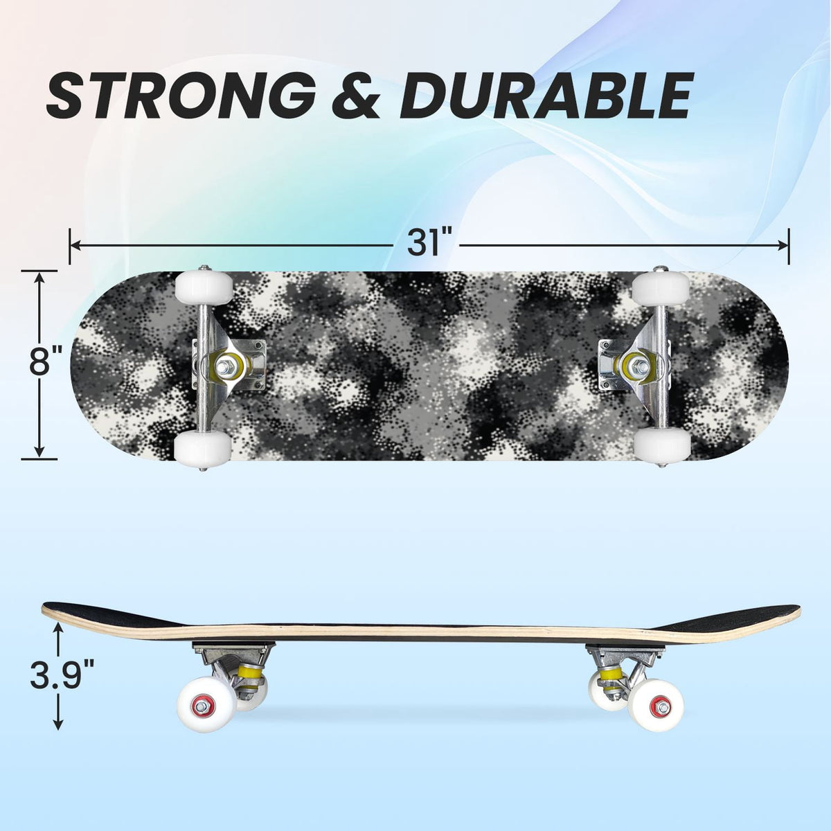 31"x8" Complete Skateboards for Beginners,Abstract Natural Earthy Tones Brush Strokes Camouflage Double Kick 7 Ply Canadian Maple Deck Skateboard with Wheels, Gifts for Kids Teens