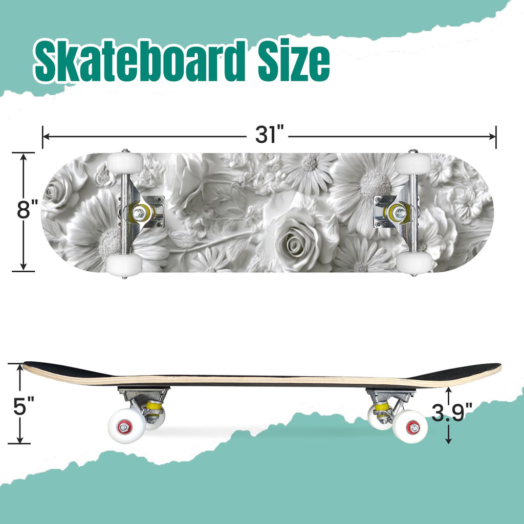 Moss Purple Flowers Rocky Ground 31" x 8" Complete Skateboard, 7-Ply Canadian Maple Double Kick Trick Board for Kids and Beginners Adult Gifts