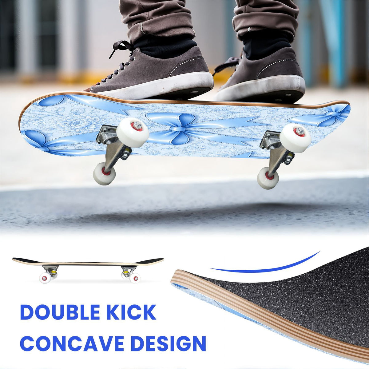 31"x8" Complete Skateboards for Beginners,Elegant White Blue Flowers Soft Petals Dreamy Artistic Double Kick 7 Ply Canadian Maple Deck Skateboard with Wheels, Gifts for Kids Teens