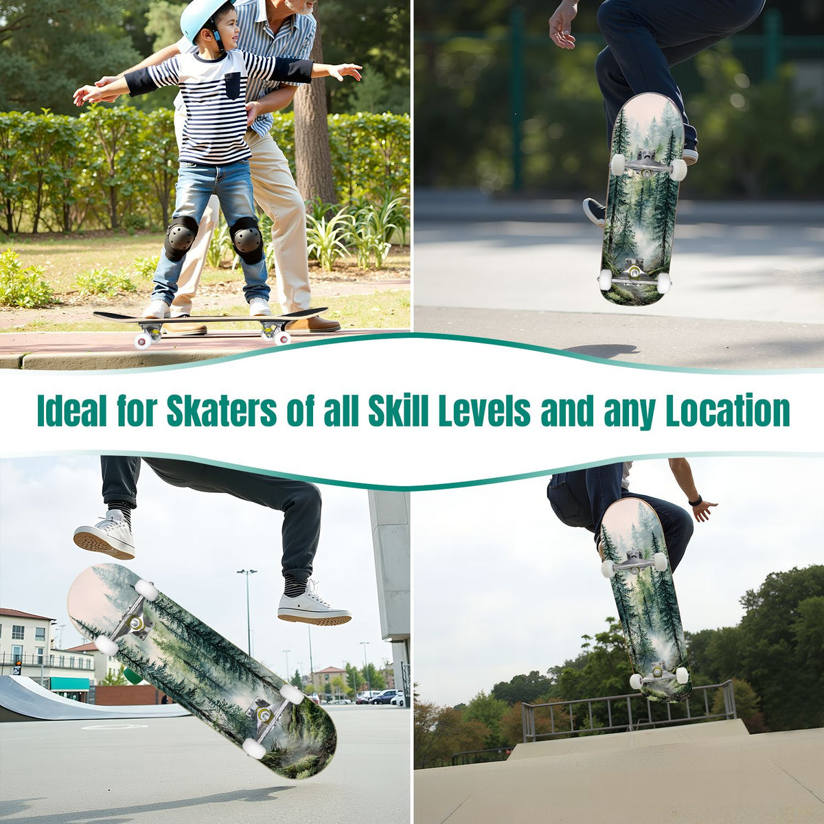 31"x8" Complete Skateboards for Beginners, Blue Deep Sea Sailing Ship Octopus Lighthouse Clouds Ocean Double Kick 7 Ply Canadian Maple Deck Skateboard with Wheels, Gifts for Kids Teens