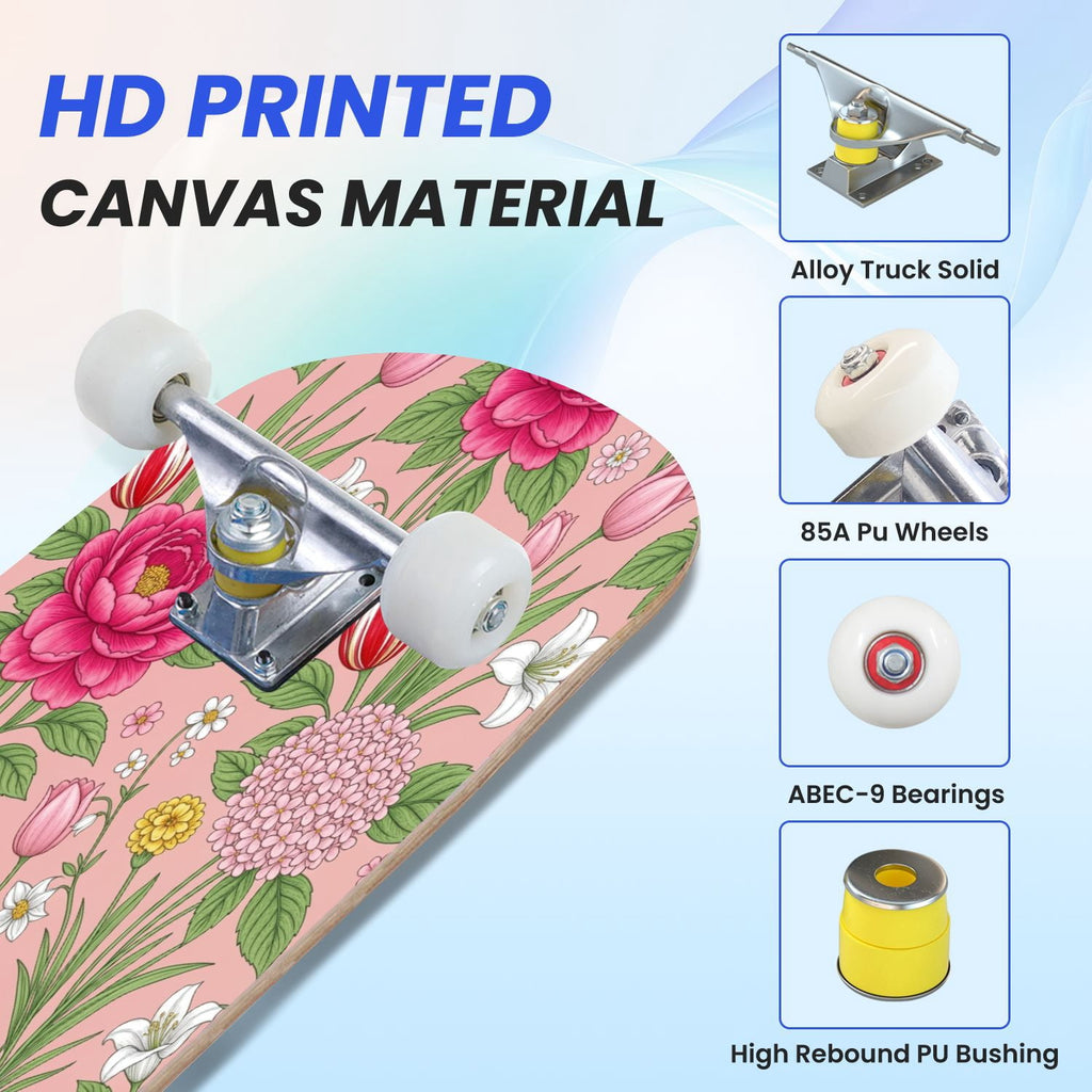 31"x8" Complete Skateboards for Beginners, Seamless Pink Peony Floral Cream Double Kick 7 Ply Canadian Maple Deck Skateboard with Wheels, Gifts for Girls Teens
