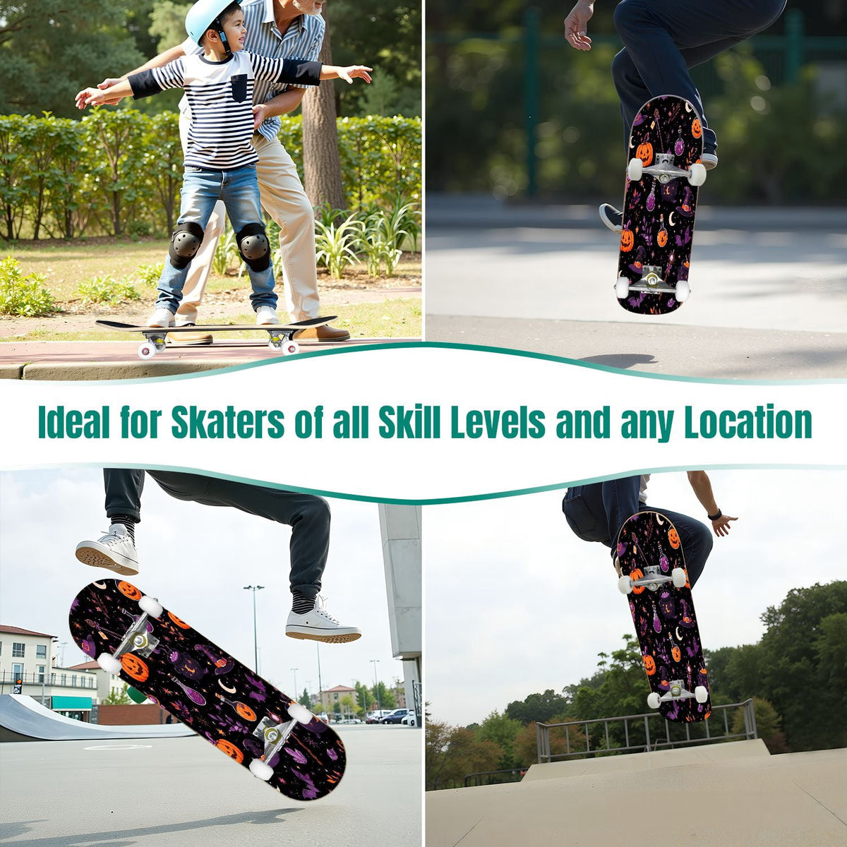 31"x8" Complete Skateboards for Beginners,Halloween Themed Pumpkins Witch Hats Spooky Double Kick 7 Ply Canadian Maple Deck Skateboard with Wheels, Gifts for Kids Teens