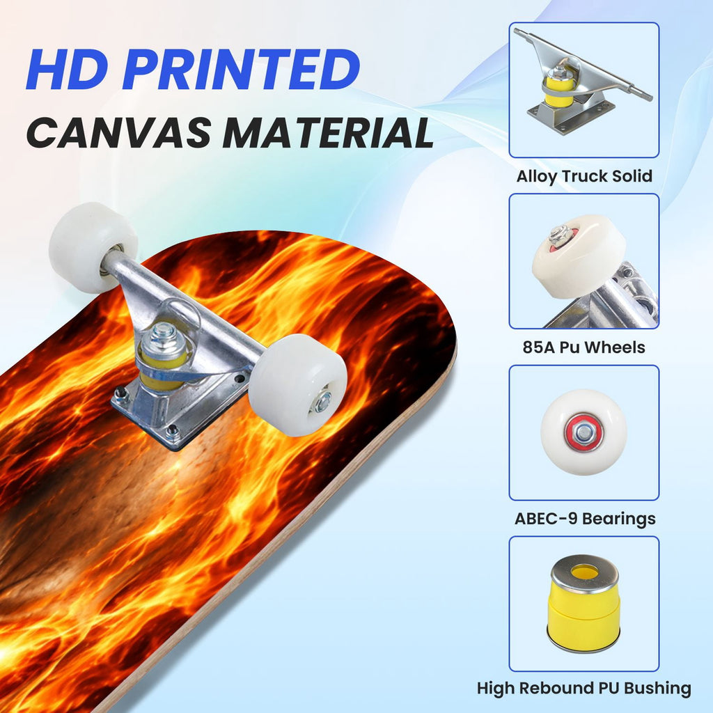 31"x8" Flaming Skull fire Complete Skateboard for Beginners Glowing Eyes Fire Skeleton Dark 7 Layer Maple Deck Double Kick Kids Skateboard with 85A PU Wheels Gifts for Kids Teens