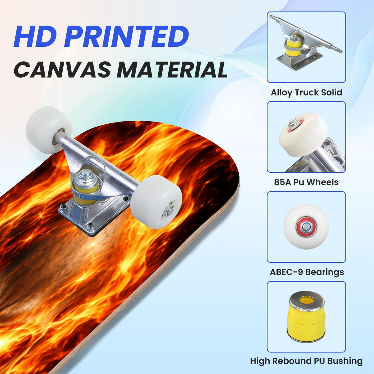 31"x8" Flaming Skull fire Complete Skateboard for Beginners Glowing Eyes Fire Skeleton Dark 7 Layer Maple Deck Double Kick Kids Skateboard with 85A PU Wheels Gifts for Kids Teens