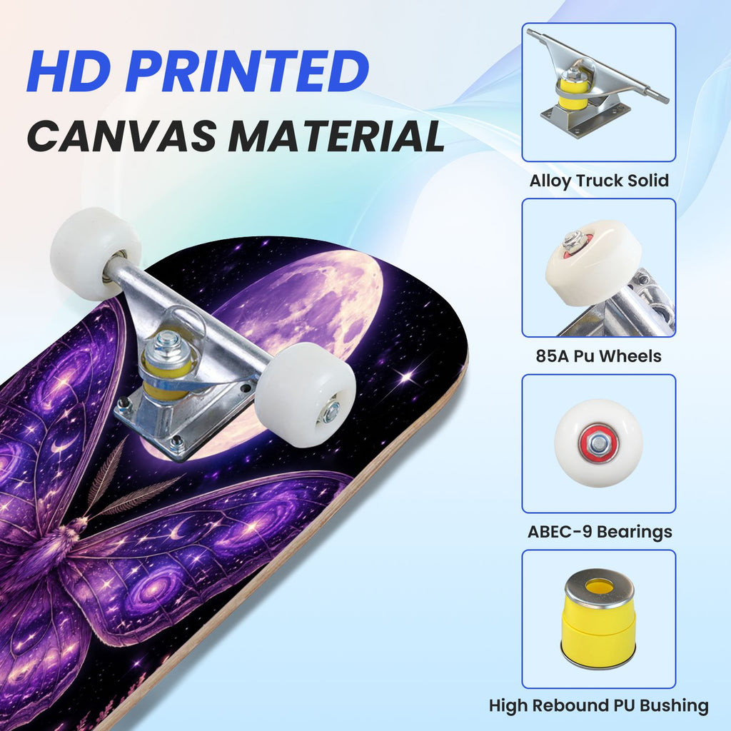 31"x8" Complete Skateboards for Beginners, Purple Floral Roses Butterfly Starry Vintage Botanical Double Kick 7 Ply Canadian Maple Deck Skateboard with Wheels, Gifts for Kids Teens