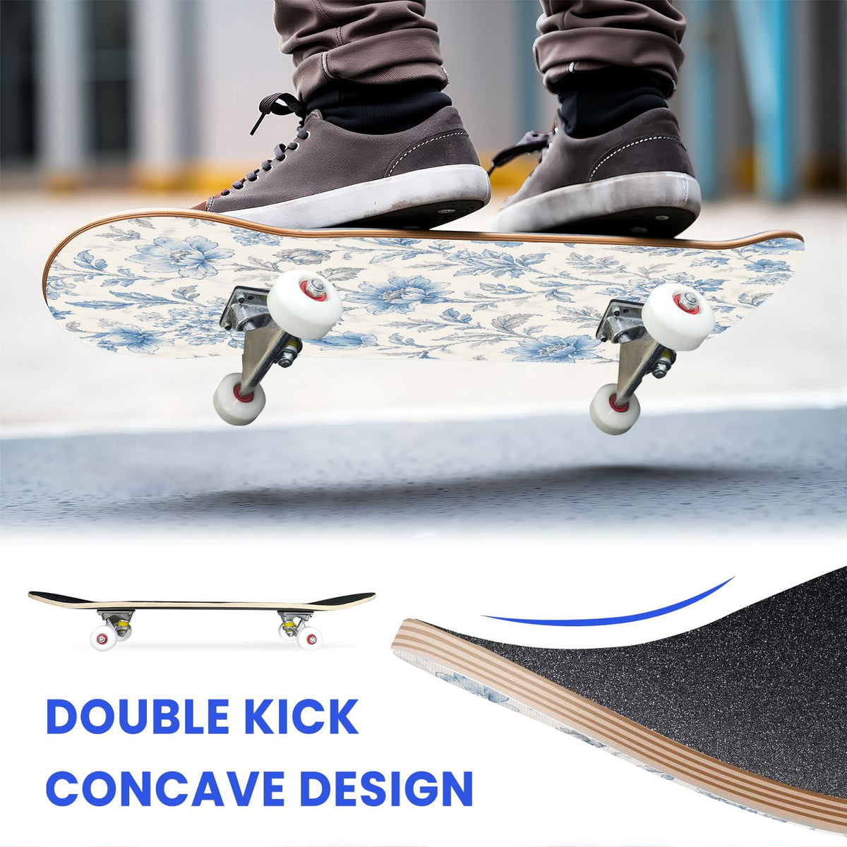 31"x8" Complete Skateboards for Beginners,Blue White Vintage Floral Roses Ornate Swirls Double Kick 7 Ply Canadian Maple Deck Skateboard with Wheels, Gifts for Kids Teens