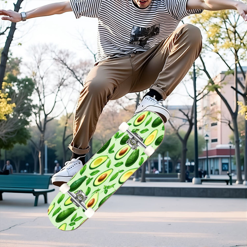31"x8" sliced avocado Complete Skateboard for Beginners whole bright green seamless 7 Layer Maple Deck Double Kick Kids Skateboard with 85A PU Wheels Gifts for Kids Teens