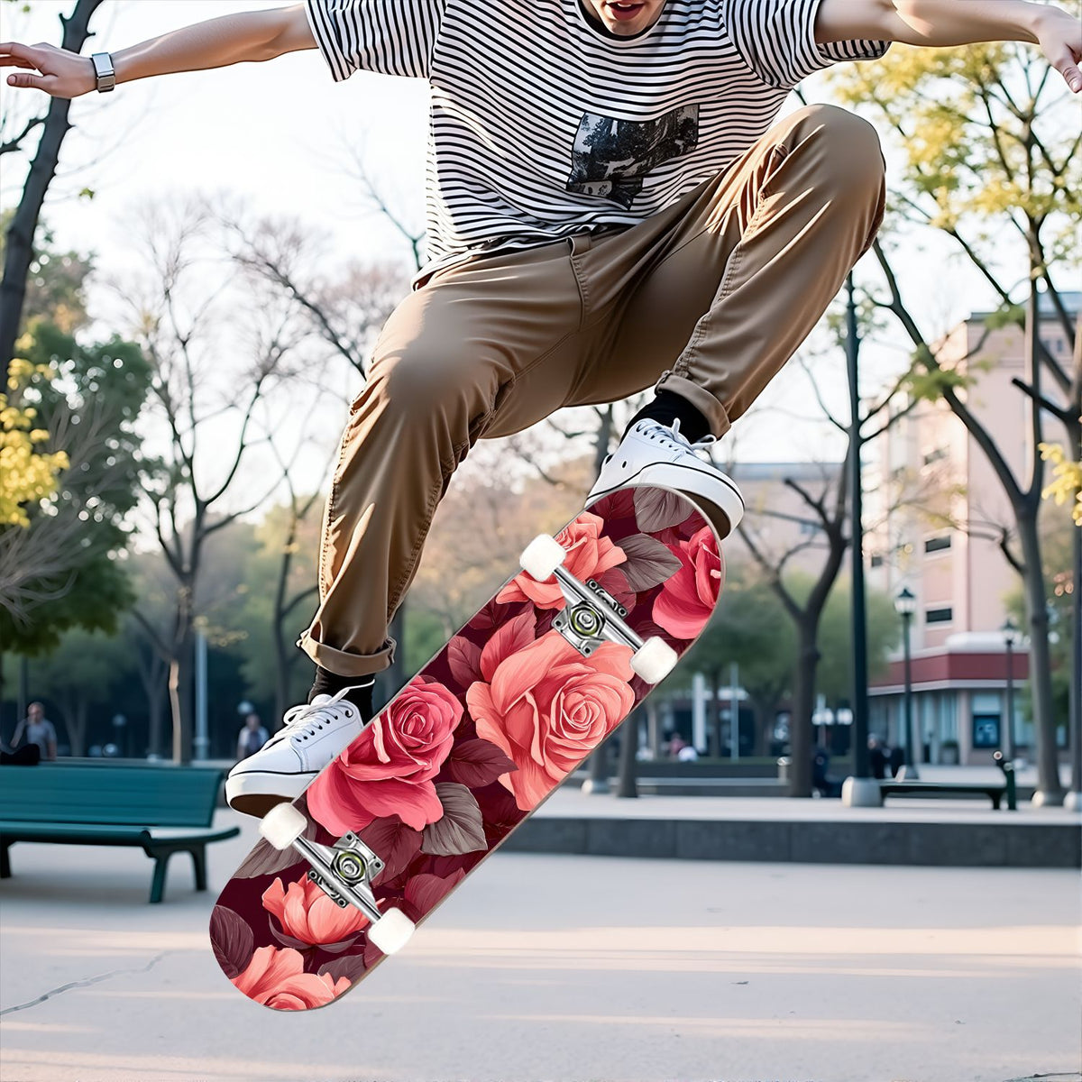 31"x8" Complete Skateboards for Beginners, Elegant Pink Red Roses Green Leaves Dark Double Kick 7 Ply Canadian Maple Deck Skateboard with Wheels, Gifts for Kids Teens