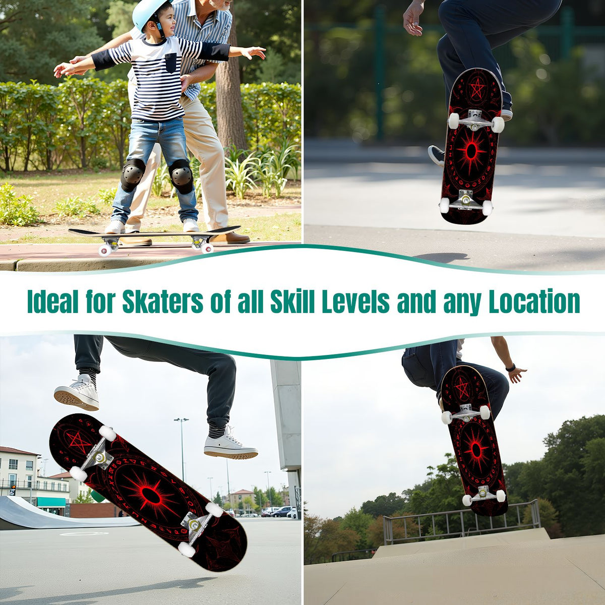 Red Mystic Circle Eyes Occult Symbols Dark Abstract Art 31" x 8" Complete Skateboard, 7-Ply Canadian Maple Double Kick Trick Board for Kids and Beginners Adult Gifts