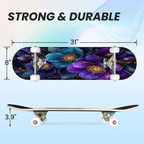 31"x8" Complete Skateboards for Beginners, Vibrant Purple Teal Floral Artwork Golden Accents Vintage Double Kick 7 Ply Canadian Maple Deck Skateboard with Wheels, Gifts for Kids Teens