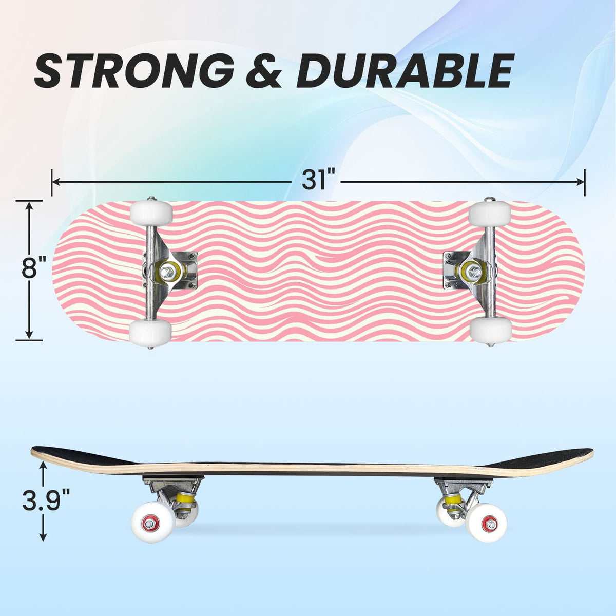 31"x8" Complete Skateboards for Beginners, Idyllic Tropical Beach Turquoise Water Golden Sand Shoreline Double Kick 7 Ply Canadian Maple Deck Skateboard with Wheels, Gifts for Kids Teens