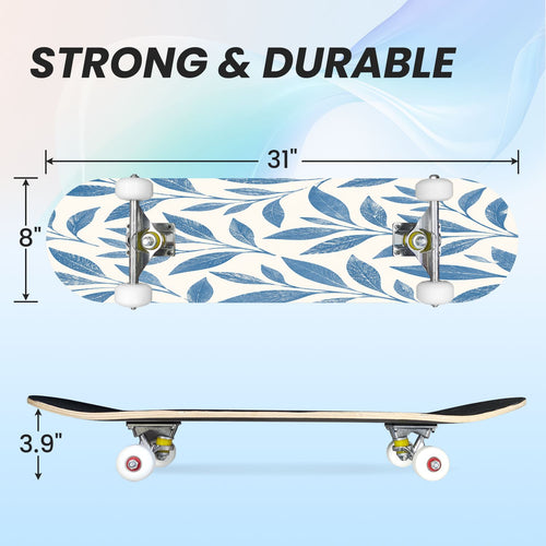 31"x8" Complete Skateboards for Beginners,Blue Botanical Leaf White Double Kick 7 Ply Canadian Maple Deck Skateboard with Wheels, Gifts for Kids Teens