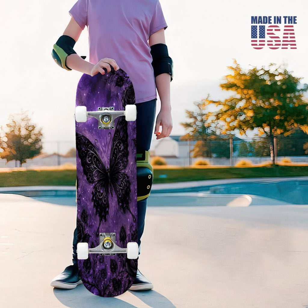 31"x8" Complete Skateboards for Beginners, Mystical Purple Butterfly Glowing Mushrooms Under Full Moon Double Kick 7 Ply Canadian Maple Deck Skateboard with Wheels, Gifts for Kids Teens