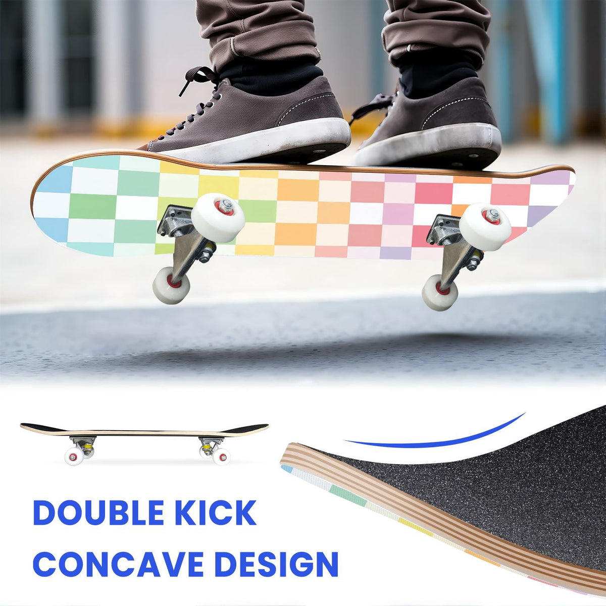 31"x8" Complete Skateboards for Beginners,Light Green White Gingham Checkered Double Kick 7 Ply Canadian Maple Deck Skateboard with Wheels, Gifts for Kids Teens