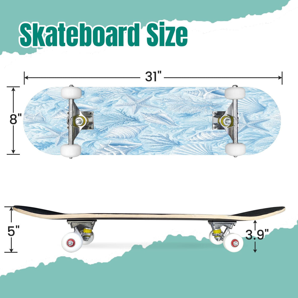 Modern Botanical Watercolor Pink Gold Mint Navy Leaves 31" x 8" Complete Skateboard, 7-Ply Canadian Maple Double Kick Trick Board for Kids and Beginners Adult Gifts