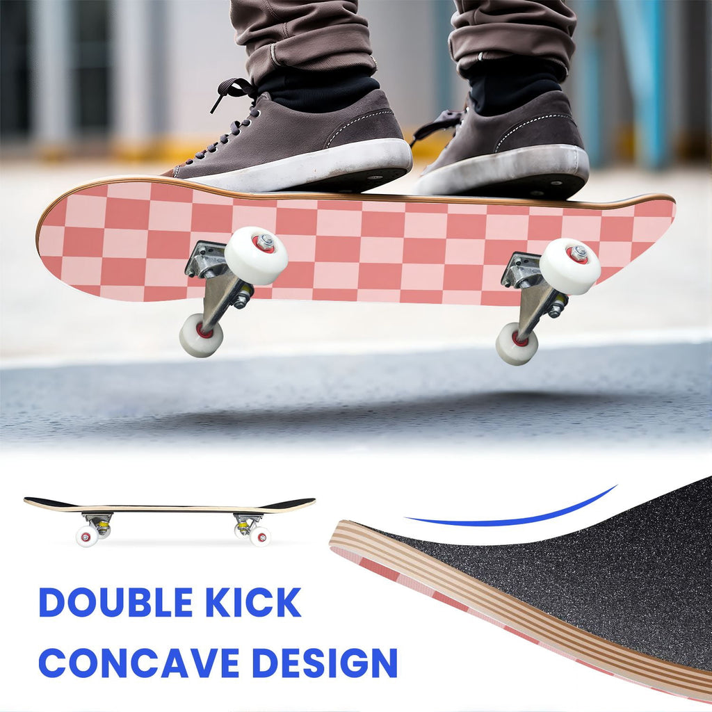 31"x8" Complete Skateboards for Beginners,Colorful Geometric Tile Multicolored Squares Double Kick 7 Ply Canadian Maple Deck Skateboard with Wheels, Gifts for Kids Teens
