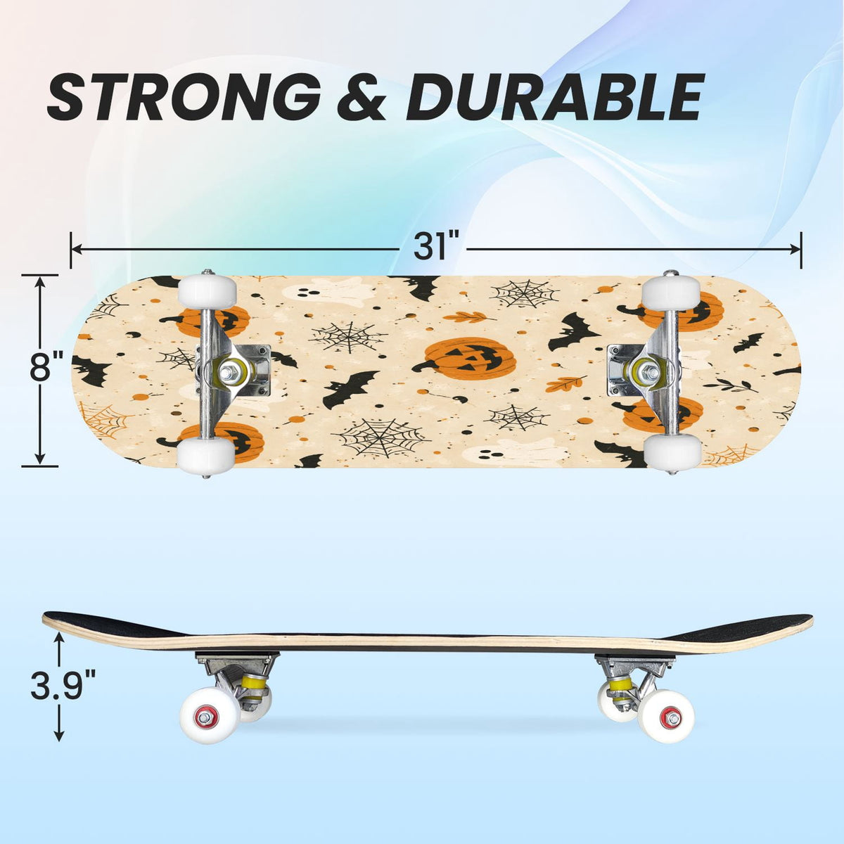 31"x8" Complete Skateboards for Beginners,Halloween Black Cats Pumpkins Ghosts Bats Beige Double Kick 7 Ply Canadian Maple Deck Skateboard with Wheels, Gifts for Kids Teens