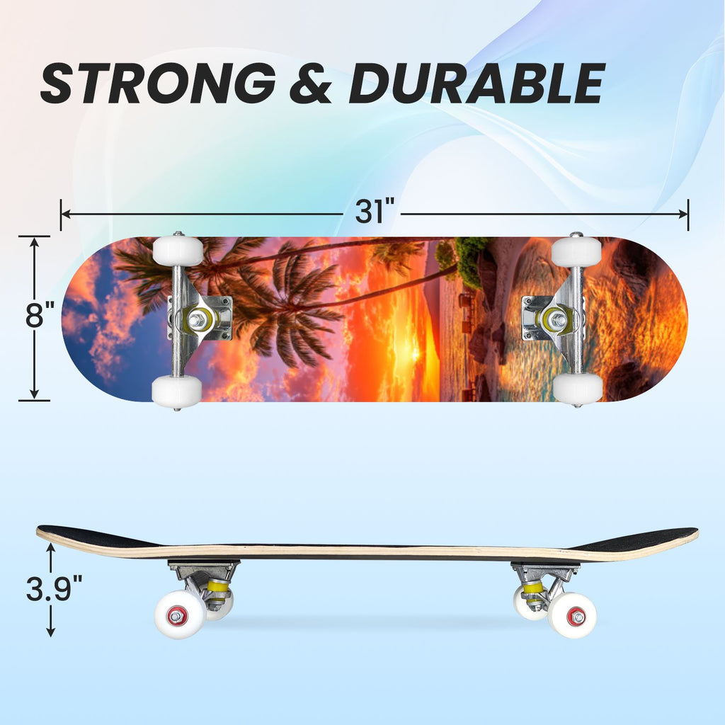 31"x8" Complete Skateboards for Beginners, Blue Deep Sea Sailing Ship Octopus Lighthouse Clouds Ocean Double Kick 7 Ply Canadian Maple Deck Skateboard with Wheels, Gifts for Kids Teens