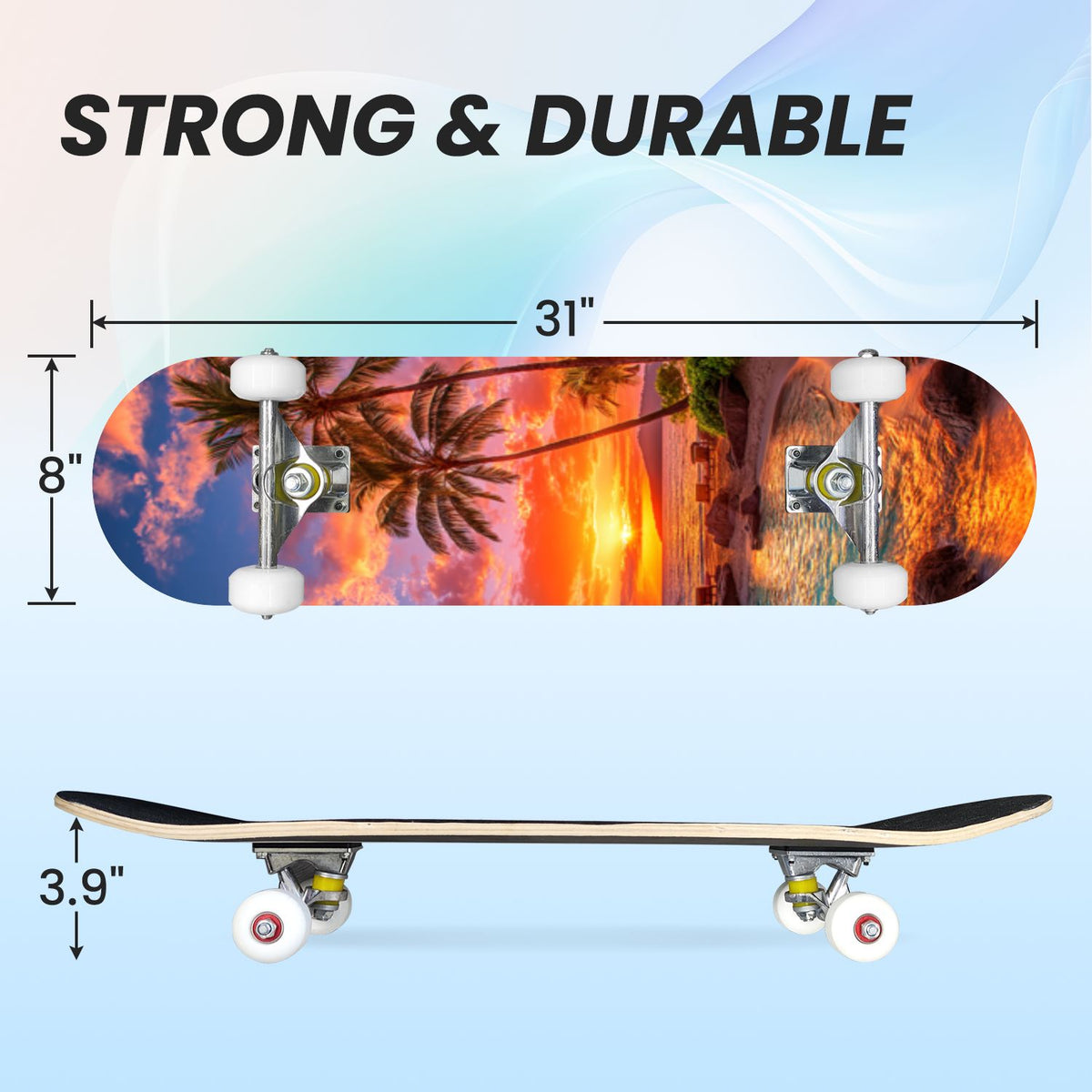 31"x8" Complete Skateboards for Beginners, Blue Deep Sea Sailing Ship Octopus Lighthouse Clouds Ocean Double Kick 7 Ply Canadian Maple Deck Skateboard with Wheels, Gifts for Kids Teens
