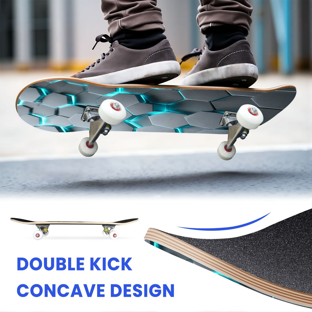 31"x8" Complete Skateboards for Beginners, Modern Abstract Hexagonal Blue Neon Glow Futuristic Double Kick 7 Ply Canadian Maple Deck Skateboard with Wheels, Gifts for Boys Teens