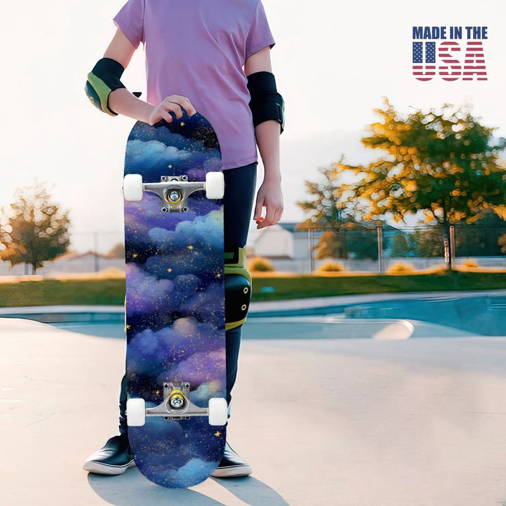 31"x8" Complete Skateboards for Beginners, Pastel Clouds Sparkles Dreamy Gradient Sky Summer Decor Double Kick 7 Ply Canadian Maple Deck Skateboard with Wheels, Gifts for Kids Teens
