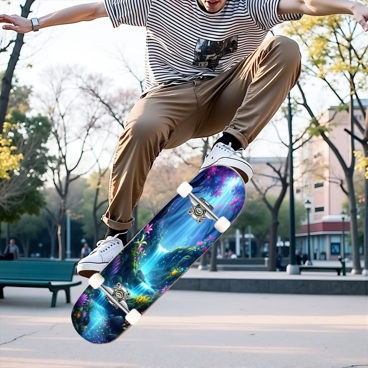 31"x8" Complete Skateboards for Beginners, Magical Forest Glowing Mushrooms Twinkling Fantasy Double Kick 7 Ply Canadian Maple Deck Skateboard with Wheels, Gifts for Kids Teens