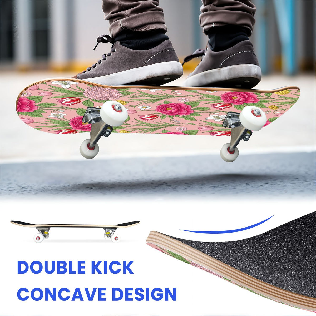 31"x8" Complete Skateboards for Beginners, Seamless Pink Peony Floral Cream Double Kick 7 Ply Canadian Maple Deck Skateboard with Wheels, Gifts for Girls Teens