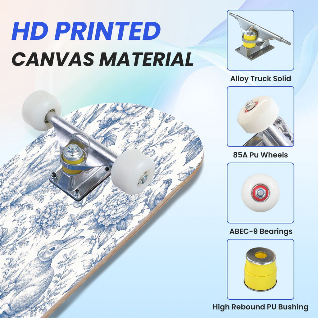 31"x8" Complete Skateboards for Beginners,Blue Flowers Crystals Seamless Watercolor Double Kick 7 Ply Canadian Maple Deck Skateboard with Wheels, Gifts for Kids Teens