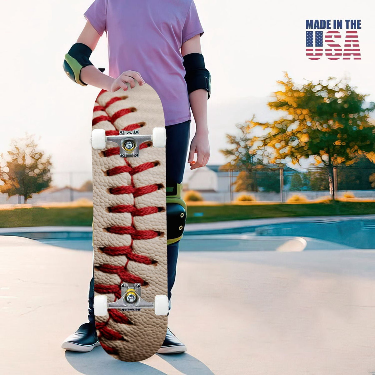 31"x8" Complete Skateboards for Beginners,Close up Baseball Red Stitches Leather Double Kick 7 Ply Canadian Maple Deck Skateboard with Wheels, Sports Gifts for Kids Teens
