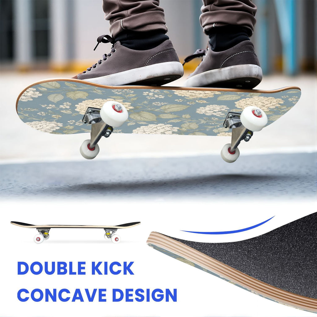 31"x8" Complete Skateboards for Beginners,Blue Flowers Crystals Seamless Watercolor Double Kick 7 Ply Canadian Maple Deck Skateboard with Wheels, Gifts for Kids Teens