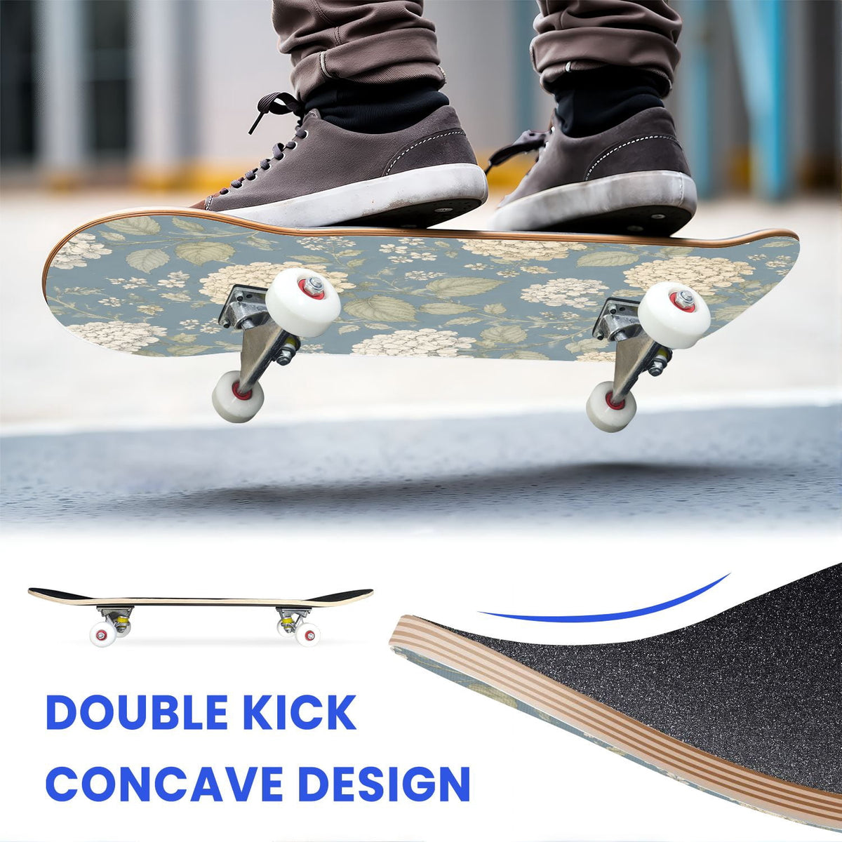 31"x8" Complete Skateboards for Beginners,Blue White Toile Rabbits Birds Floral Motifs Double Kick 7 Ply Canadian Maple Deck Skateboard with Wheels, Gifts for Kids Teens