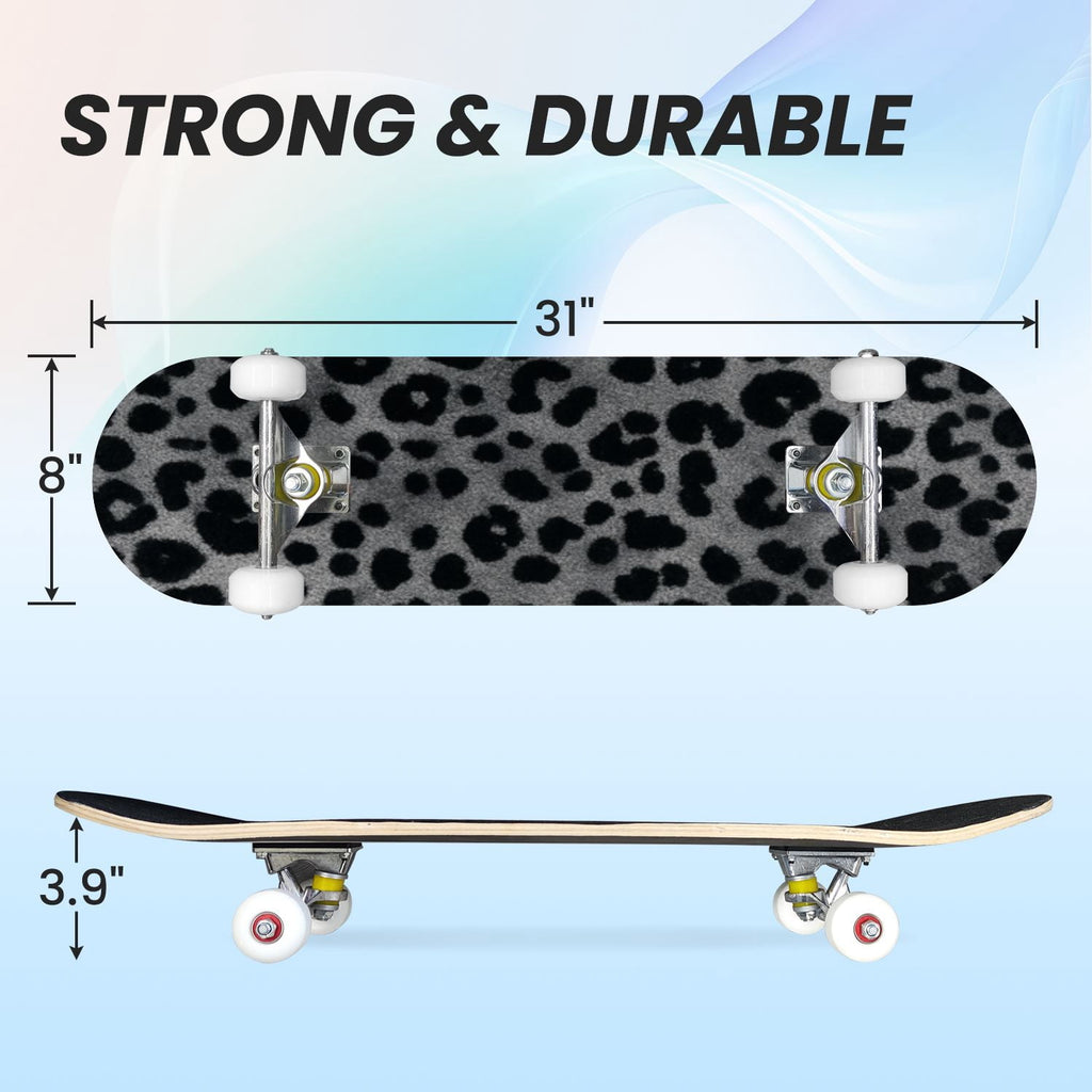 31"x8" Complete Skateboards for Beginners,Black Leopard Print Grey Double Kick 7 Ply Canadian Maple Deck Skateboard with Wheels, Gifts for Kids Teens