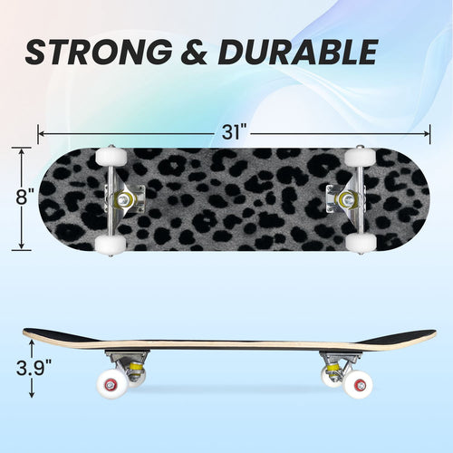 31"x8" Complete Skateboards for Beginners,Black Leopard Print Grey Double Kick 7 Ply Canadian Maple Deck Skateboard with Wheels, Gifts for Kids Teens