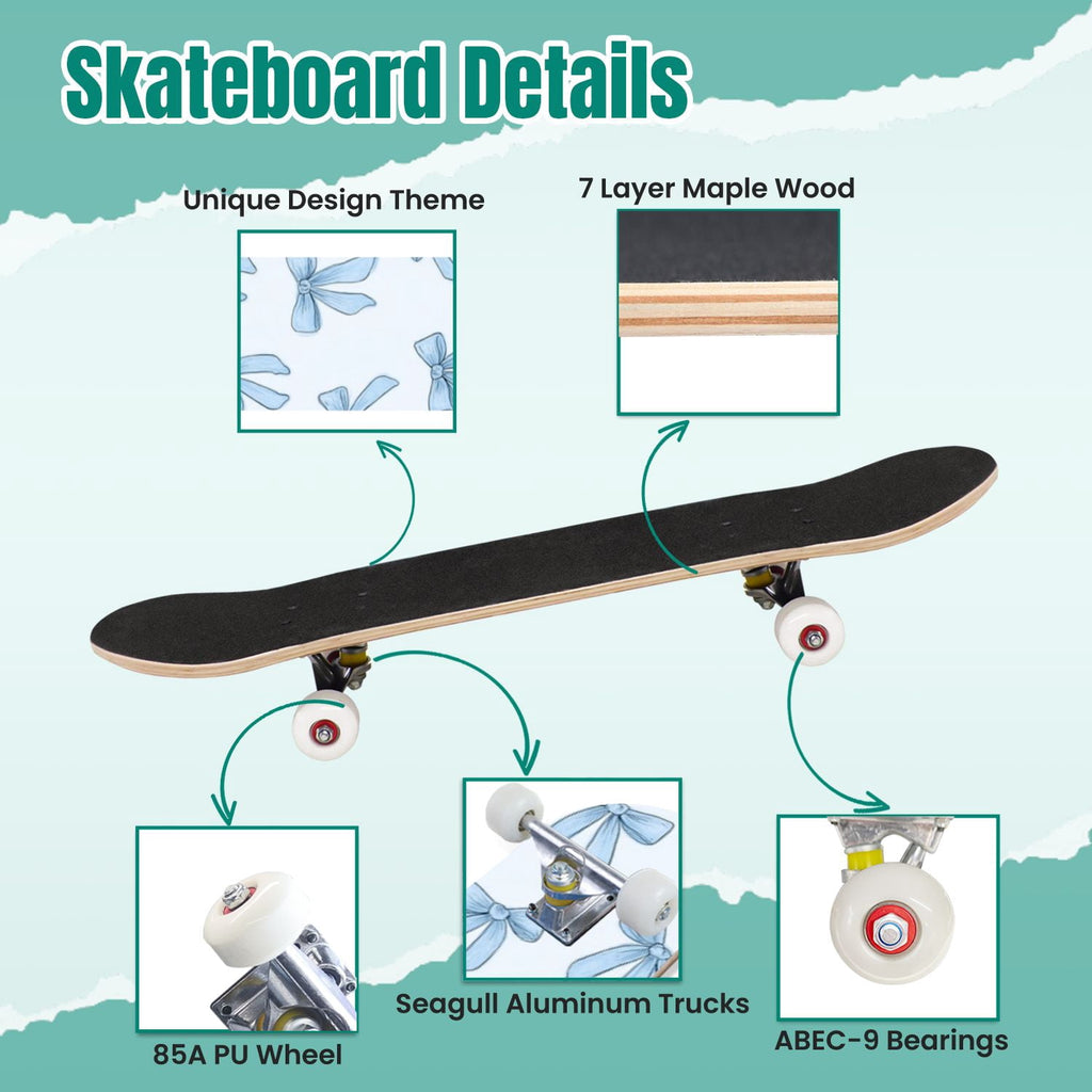 Delicate Pink Floral Ribbon Design 31" x 8" Complete Skateboard, 7-Ply Canadian Maple Double Kick Trick Board for Kids and Beginners Adult Gifts
