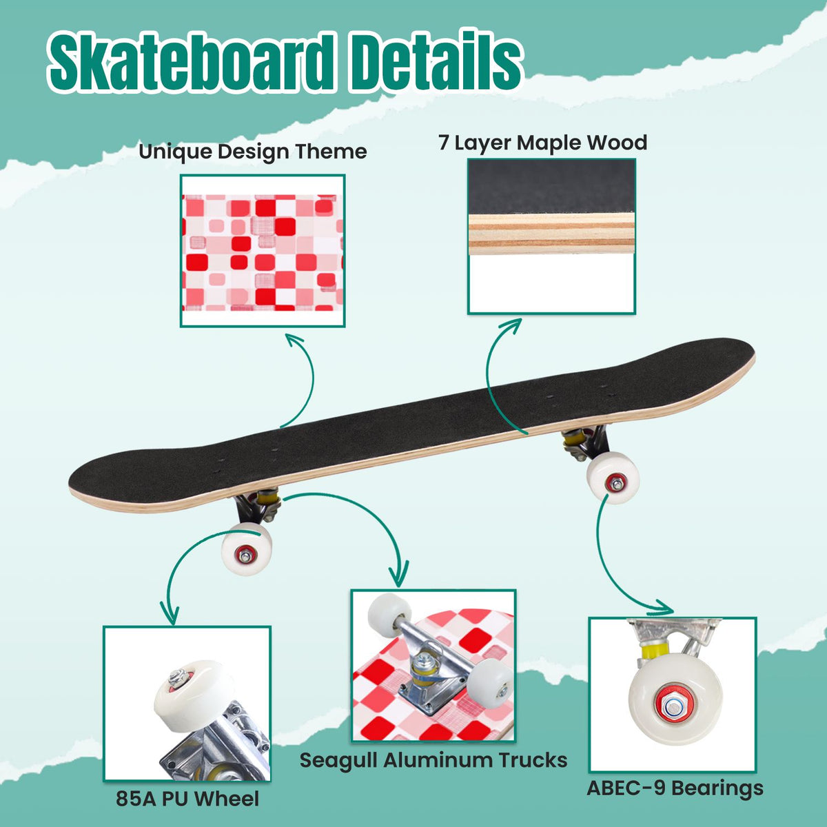 Vintage Floral Bird Sepia Tones 31" x 8" Complete Skateboard, 7-Ply Canadian Maple Double Kick Trick Board for Kids and Beginners Adult Gifts