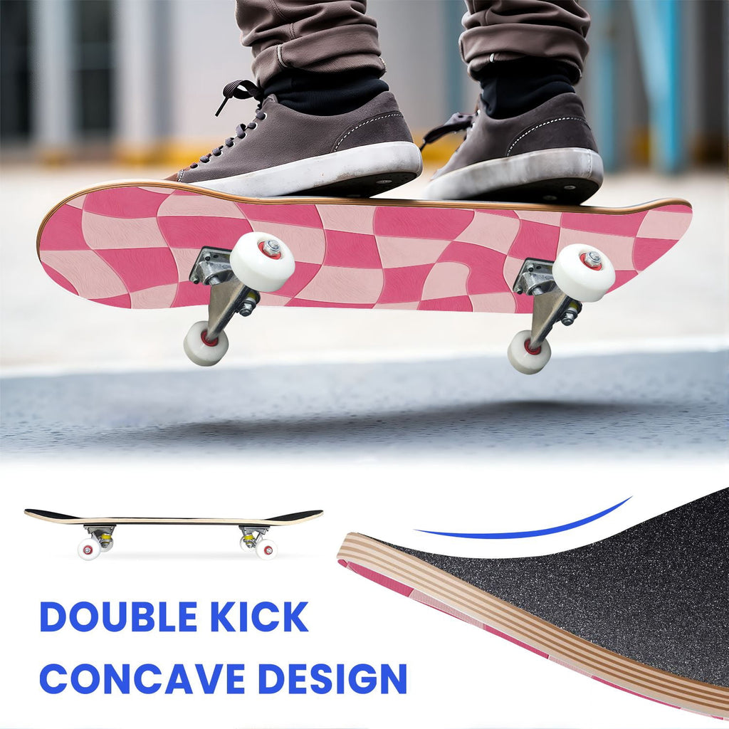 31"x8" Complete Skateboards for Beginners,Green White Plaid Checkered Watercolor Double Kick 7 Ply Canadian Maple Deck Skateboard with Wheels, Gifts for Kids Teens