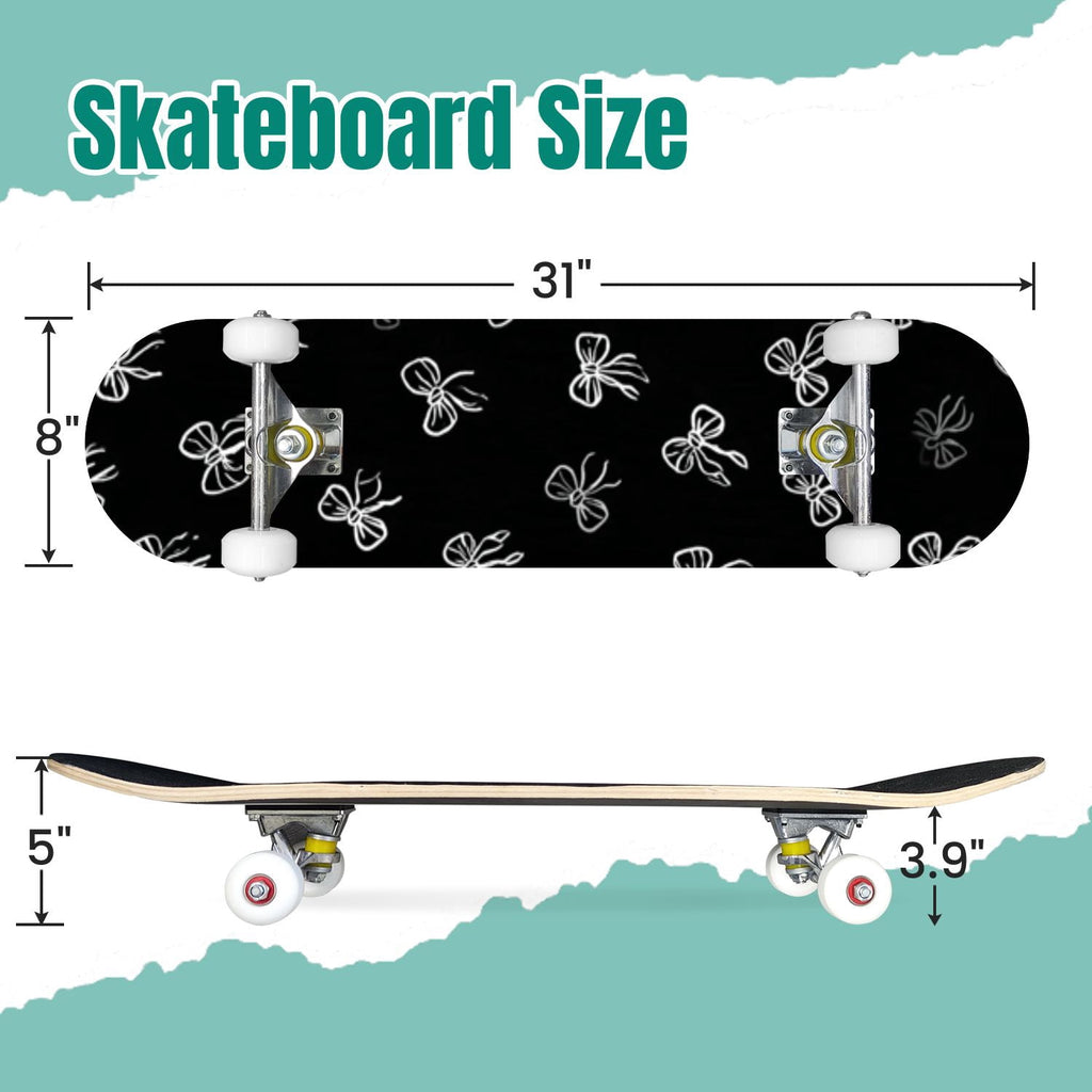 Delicate Pink Floral Ribbon Design 31" x 8" Complete Skateboard, 7-Ply Canadian Maple Double Kick Trick Board for Kids and Beginners Adult Gifts