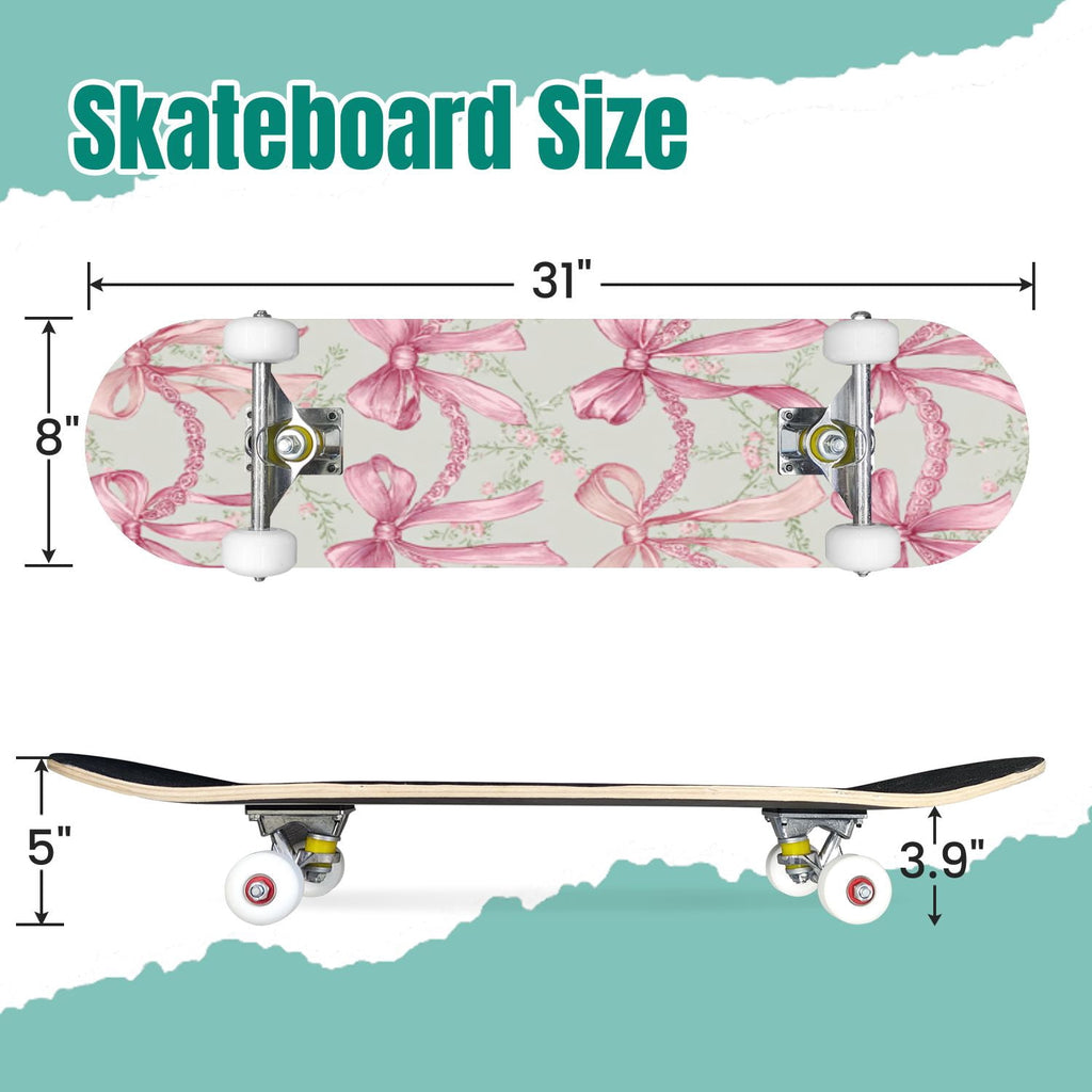 Vibrant Floral Bouquet Pink Roses Bright Colors Teal 31" x 8" Complete Skateboard, 7-Ply Canadian Maple Double Kick Trick Board for Kids and Beginners Adult Gifts