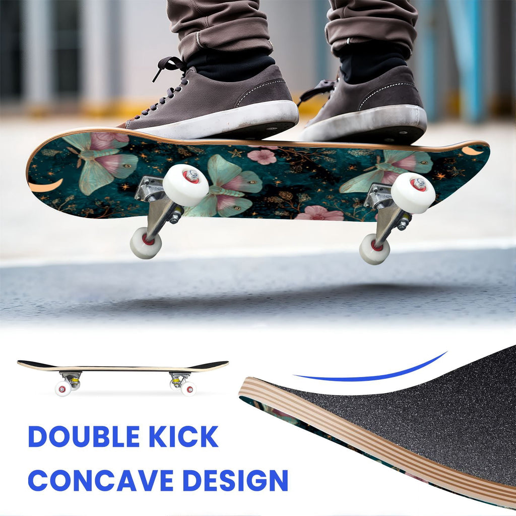 31"x8" Complete Skateboards for Beginners,Whimsical Moths Flowers Pastel Colors Stars Moon Mystical Double Kick 7 Ply Canadian Maple Deck Skateboard with Wheels, Gifts for Kids Teens