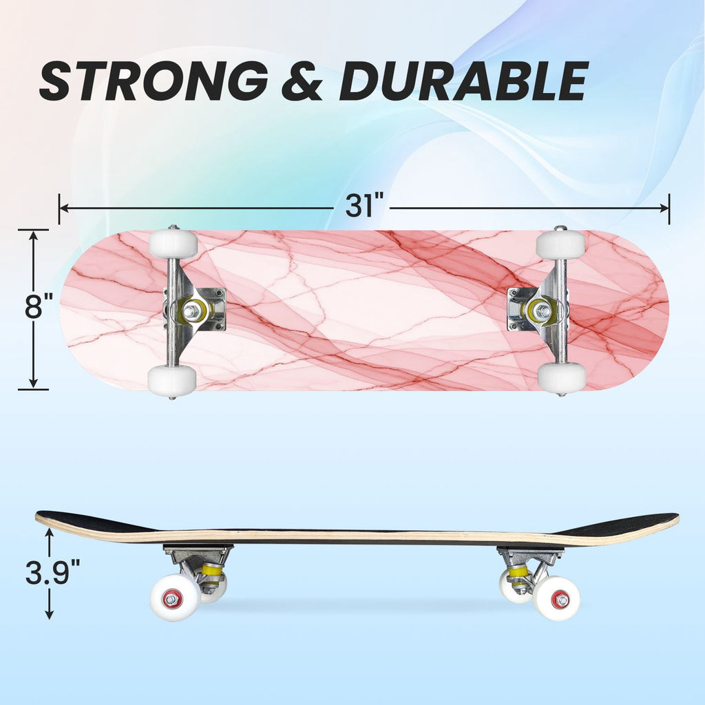 31"x8" Complete Skateboards for Beginners, Cherry Blossom Red Cherry Seamless Pink Botanical Double Kick 7 Ply Canadian Maple Deck Skateboard with Wheels, Gifts for Girls Teens