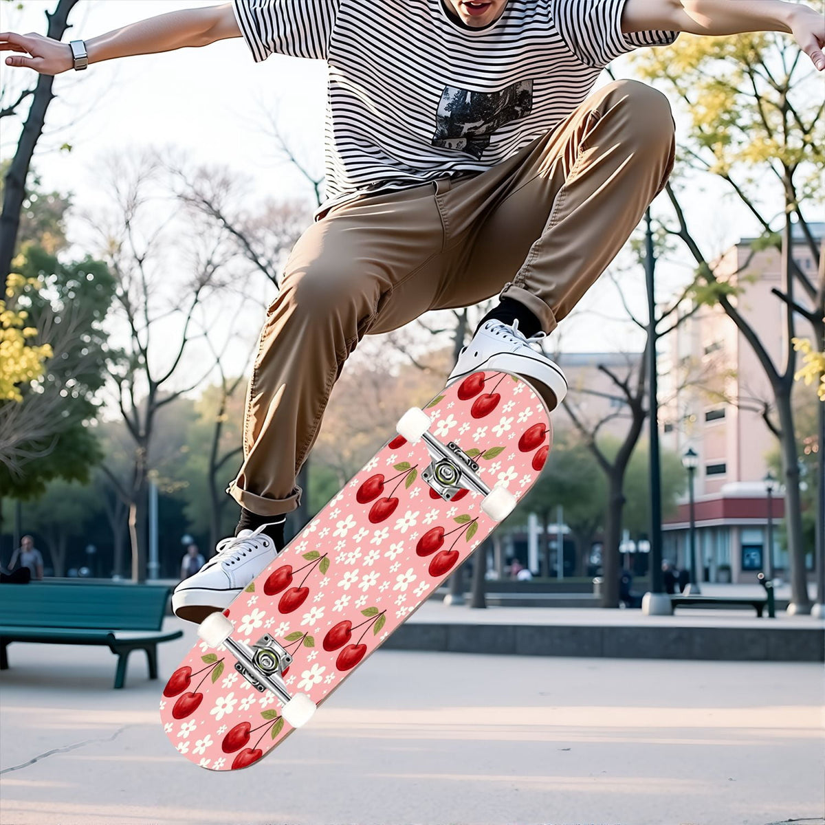 31"x8" Complete Skateboards for Beginners, Cherry Blossom Red Cherry Seamless Pink Botanical Double Kick 7 Ply Canadian Maple Deck Skateboard with Wheels, Gifts for Girls Teens