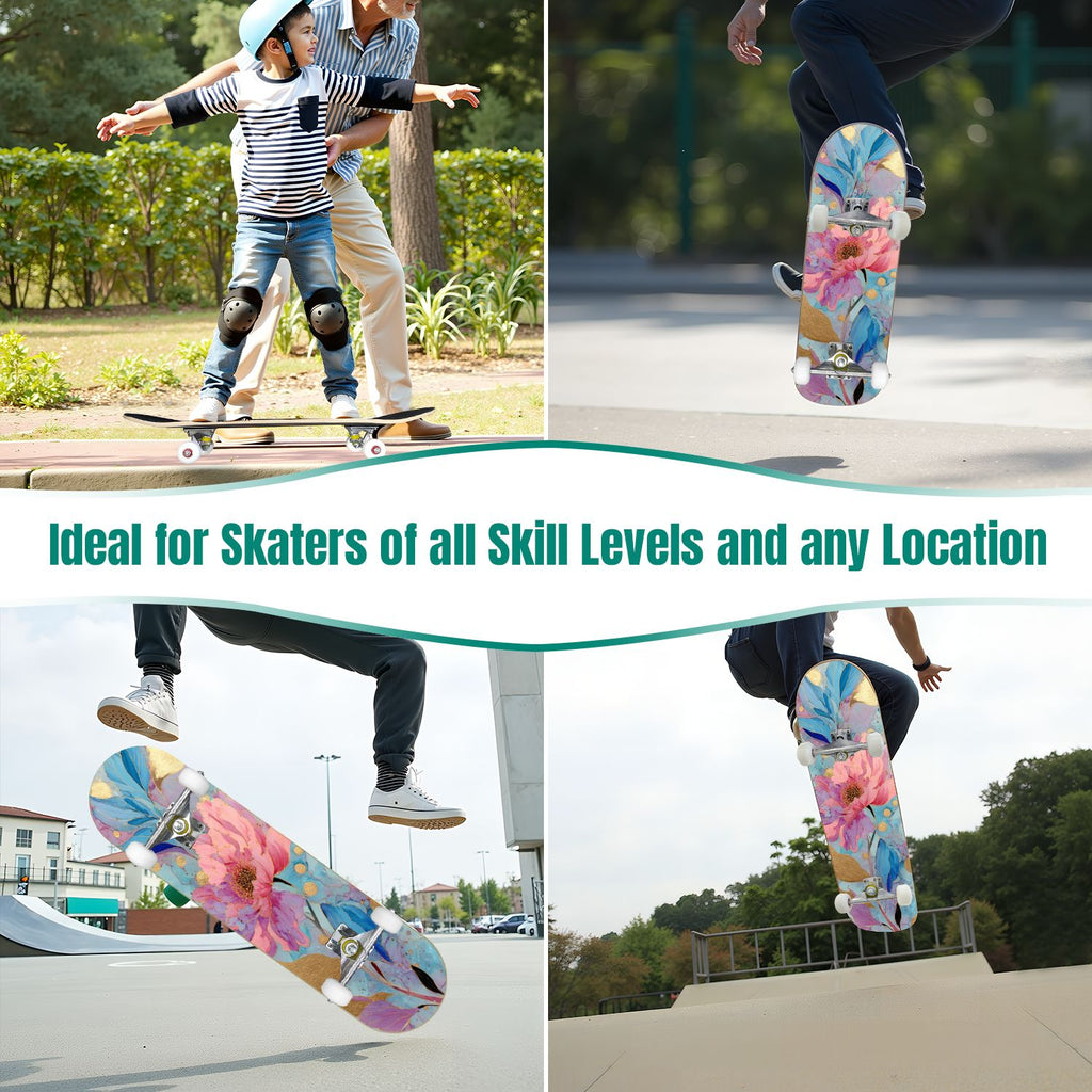Autumn Forest Camouflage Oak Leaves Tree Branches 31" x 8" Complete Skateboard, 7-Ply Canadian Maple Double Kick Trick Board for Kids and Beginners Adult Gifts