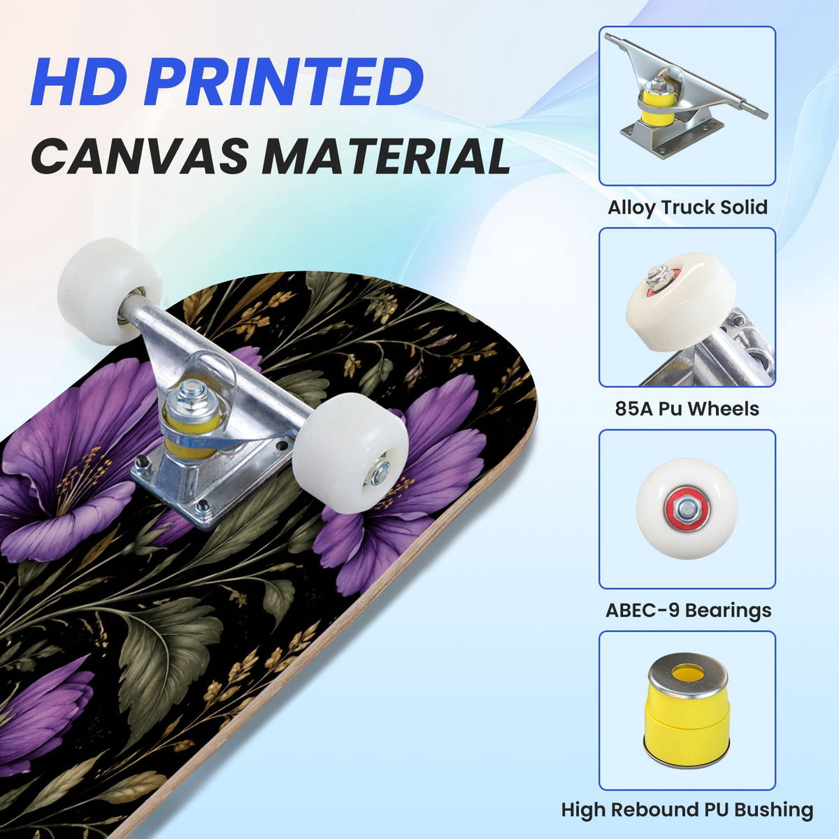 31"x8" Complete Skateboards for Beginners, Purple Celestial Moon Sun Art Floral Stars Double Kick 7 Ply Canadian Maple Deck Skateboard with Wheels, Gifts for Kids Teens