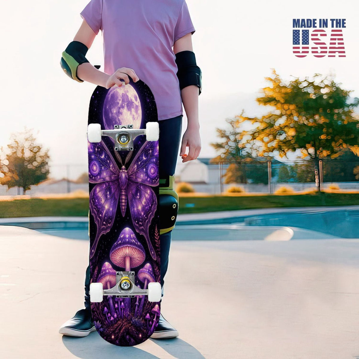 31"x8" Complete Skateboards for Beginners, Purple Floral Roses Butterfly Starry Vintage Botanical Double Kick 7 Ply Canadian Maple Deck Skateboard with Wheels, Gifts for Kids Teens
